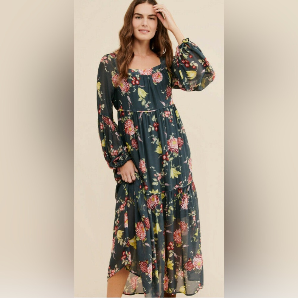 Anthropologie Evelin Dark Green Floral Dress size S